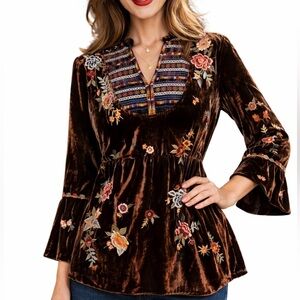 Johnny Was Sisilia Embroidered Velvet Flare Sleeve Silk-Blend Blouse NWT